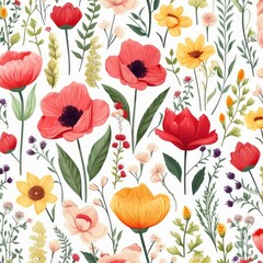 Seamless pattern with flowers on white background. Hand drawn vector illustration. Texture for print, fabric, textile