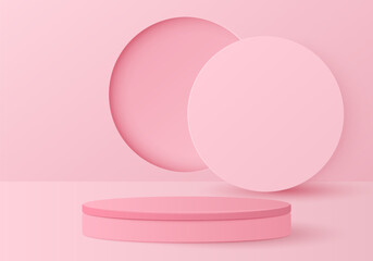 Minimal scene with pink cylinder podium for product presentation, mock up, show cosmetic. Vector illustration