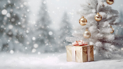 Fototapeta na wymiar Christmas tree with gifts on a snowy background.