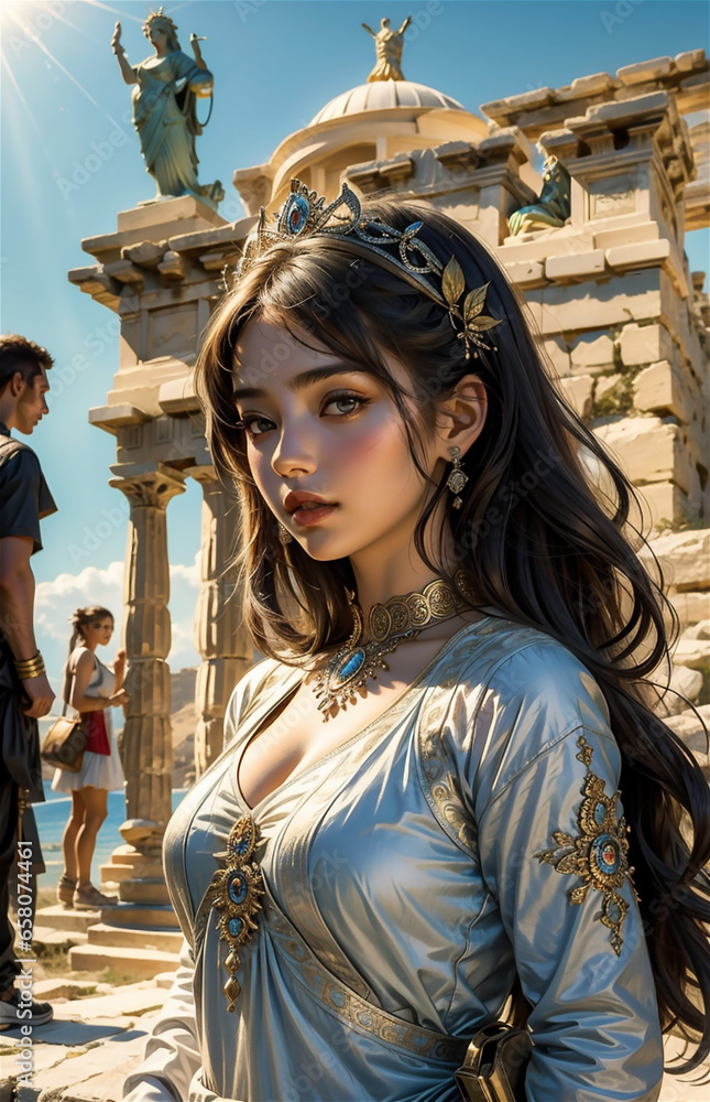 Wall mural greek goddess at ancient city ruins. beautiful young woman aphrodite style with golden necklace jewe