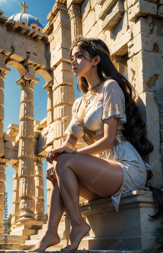 Wall mural Greek goddess at ancient city ruins. Beautiful young woman Aphrodite style with golden necklace jewelry. Athena walking Greece. Mythical Hellenic.