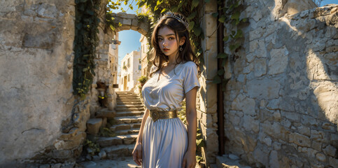 Greek goddess at ancient city ruins. Beautiful young woman Aphrodite style with golden necklace jewelry. Athena walking Greece. Mythical Hellenic. - obrazy, fototapety, plakaty
