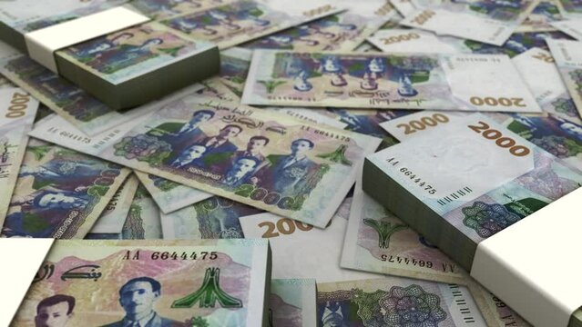 3D Animation of camera spinning 360 degrees over a lot of Algerian dinar notes. Camera rotating over bank notes