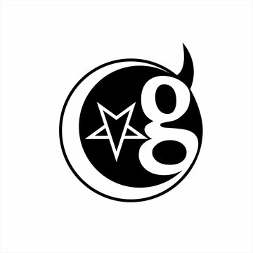 Letter G logo design with horns, stars and crescent moon.