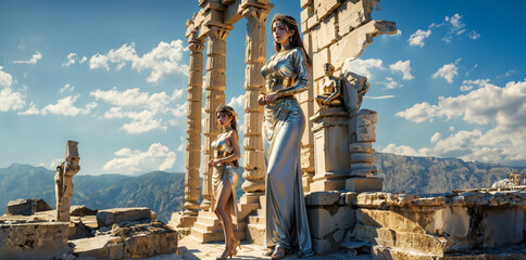 Fototapeta premium Greek goddess at ancient city ruins. Beautiful young woman Aphrodite style with golden necklace jewelry. Athena walking Greece. Mythical Hellenic.