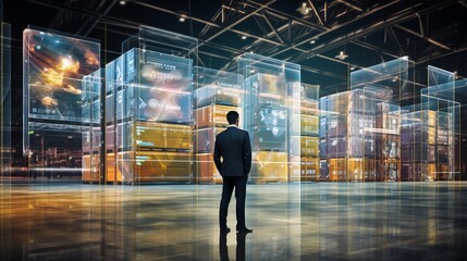 global logistics innovation: businessman analyzing big data for smart transport and distribution in a warehouse center