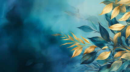 Tropical leaves, cast in shimmering gold, set against an abstract backdrop of rich, deep blues with watercolor splashes.