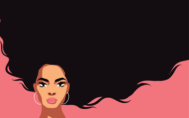 Vector banner beautiful woman. Portrait of a woman with a beautiful face and hair. pink hair background, space for text. Feminism. Concept of the movement for gender equality and women's empowerment.