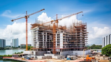 Construction site with cranes and building under construction, panoramic view - obrazy, fototapety, plakaty