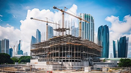Construction site with cranes and building under construction, panoramic view