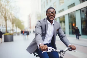 Poster Successful smiling African American businessman riding a bicycle in a city street in Berlin. Healthy, ecology transport © Jasmina
