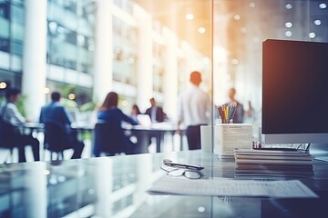 Business people working together in modern office. Businessmen and businesswomen working together in the office. Blurred background