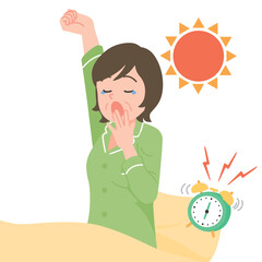 起きる　あくび　中年女性　白バック　バストアップ