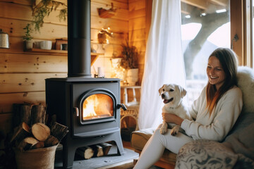 Young woman sitting by the fireplace with a cute dog at cozy wooden cabin
