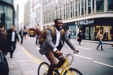 Successful smiling African American businessman with backpack riding a bicycle in a city street in London. Healthy, ecology transport - obrazy, fototapety, plakaty
