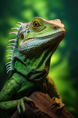 Obraz premium Lizard against green background. Portrait of iguana in nature. Exotic animal in tropical environment