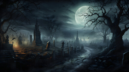 Journey through a moonlit cemetery adorned with gnarled trees and fog. This scene captures the awesome Halloween eeriness