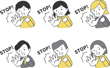 手でストップと警告をする人物のイラスト素材セット