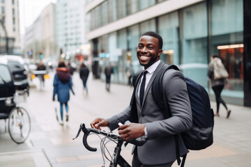 Fototapeta na wymiar Successful smiling African American businessman with backpack riding a bicycle in a city street in London. Healthy, ecology transport