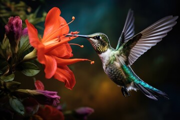 Fototapeta premium Hummingbirds and flowers in macro photography are a captivating sight 