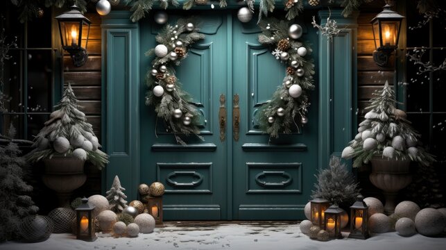 Christmas wreath and snowfall Wintery door decoration , illustrator image, HD