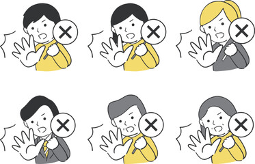 プレートと手でバツを表現する人物のイラスト素材セット