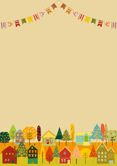 北欧風 秋色かわいい木々とお家フレームとガーランド - obrazy, fototapety, plakaty