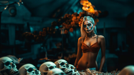 Dia de los Muertos Cute Woman Amidst Skulls and Floral Glow Wearing Makeup in a Macabre Setting
