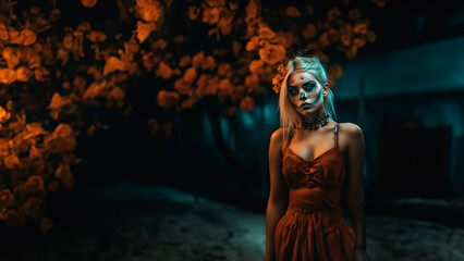 Blonde Beautiful Woman in Dia de los Muertos Makeup Amidst Vibrant Nighttime Floral Setting