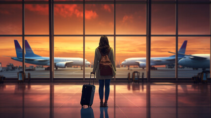 Young female with luggage in the airport terminal. AI Generative - obrazy, fototapety, plakaty