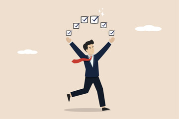 Getting work done, completing business tasks, productivity success, planning to complete work concept, smart businessman getting work done check box.