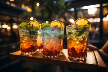 Four Mojito cocktails on a bar counter. - obrazy, fototapety, plakaty