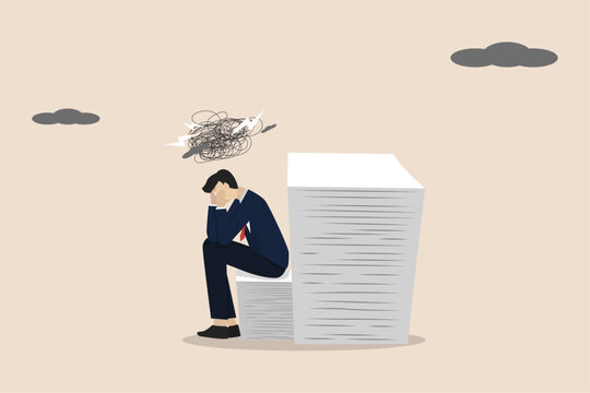 Work piling up, lots of work, depression or stress, business mistakes, work fatigue or running out of ideas at work, business people are overwhelmed because too much work has piled up.
