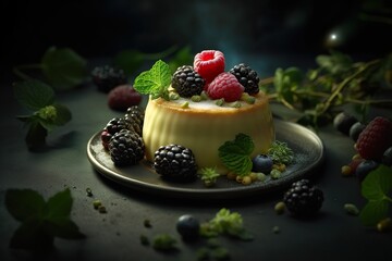 dessert with fresh berries and caramel sauce on dark background
