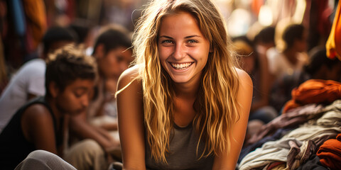 Fototapeta na wymiar Vibrant young blonde woman haggling at a bustling Marrakech market, immersed in local culture.