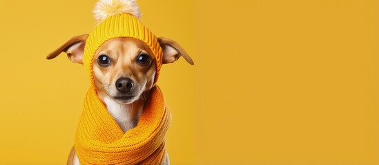 Dog wearing hat on colorful background symbolizes heating season - obrazy, fototapety, plakaty