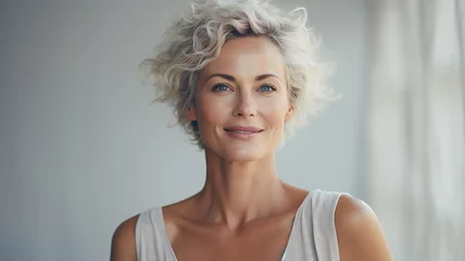 Foto op Plexiglas bellissima donna sessantenne con i capelli bianchi corti su sfondo neutro, senza trucco e sorridente, concetto di salute e benessere © garpinina