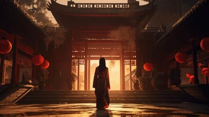 Foto op Canvas A young woman stands in front of a Chinese building © cherezoff
