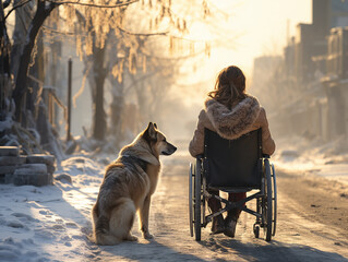 giovane donna diversamente abile su carrozzina con il suo cane accompagnatore in inverno d spalle su una strada  - obrazy, fototapety, plakaty