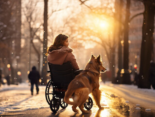 donna diversamente abile su sedia a rotelle vicino al suo cane di spalle che guarda verso l'orizzonte di una città , alba - obrazy, fototapety, plakaty