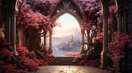 Fantasy flower archway leading to a secret realm Gate , illustrator image, HD - obrazy, fototapety, plakaty