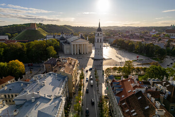 Aerial sunny autumn fall view of Vilnius old town, Vilnius Cathedral, Lithuania - obrazy, fototapety, plakaty
