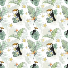 Watercolor tropical pattern sealess wih leaves, flowers, birds and fruits.