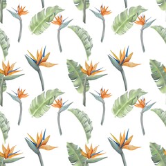 Watercolor tropical leaves, flowers, birds, fruits. Tropical pattern seamless for tetile design.
