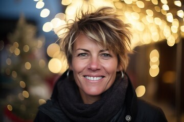 Portrait of beautiful middle aged woman with short blond hair at Christmas market