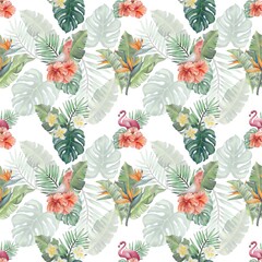 Watercolor tropical leaves, flowers, birds, fruits. Tropical pattern seamless for tetile design.