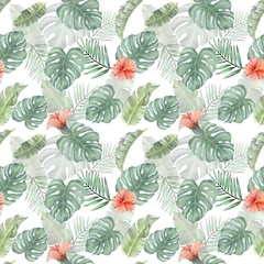 Poster Watercolor tropical leaves, flowers, birds, fruits. Tropical pattern seamless for tetile design. © ysharay