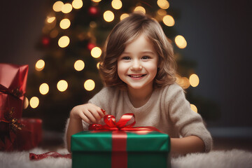 happy smiling child opening christmas gift, christmas celebration, concept Religion and Culture, generative ai