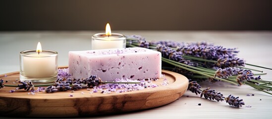 White table with Lavender Spa products including handmade soap on wooden soap dish and lavender...