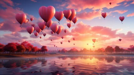 Heart-shaped hot air balloons in the sky Whimsical , illustrator image, HD